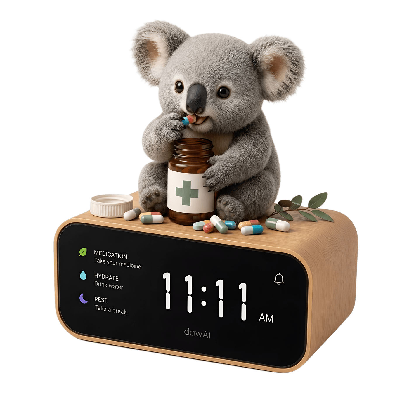 dawAI koala mascot taking medicine on a bedside reminder clock